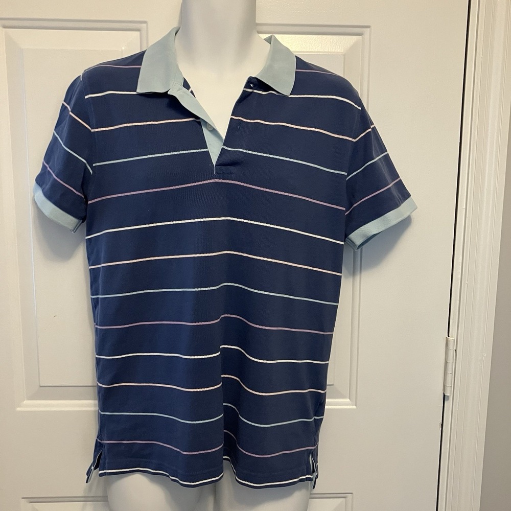 Men's Brooks Brothers Sz Large Blue Cotton Short Sleeve Pique Striped Polo Shirt